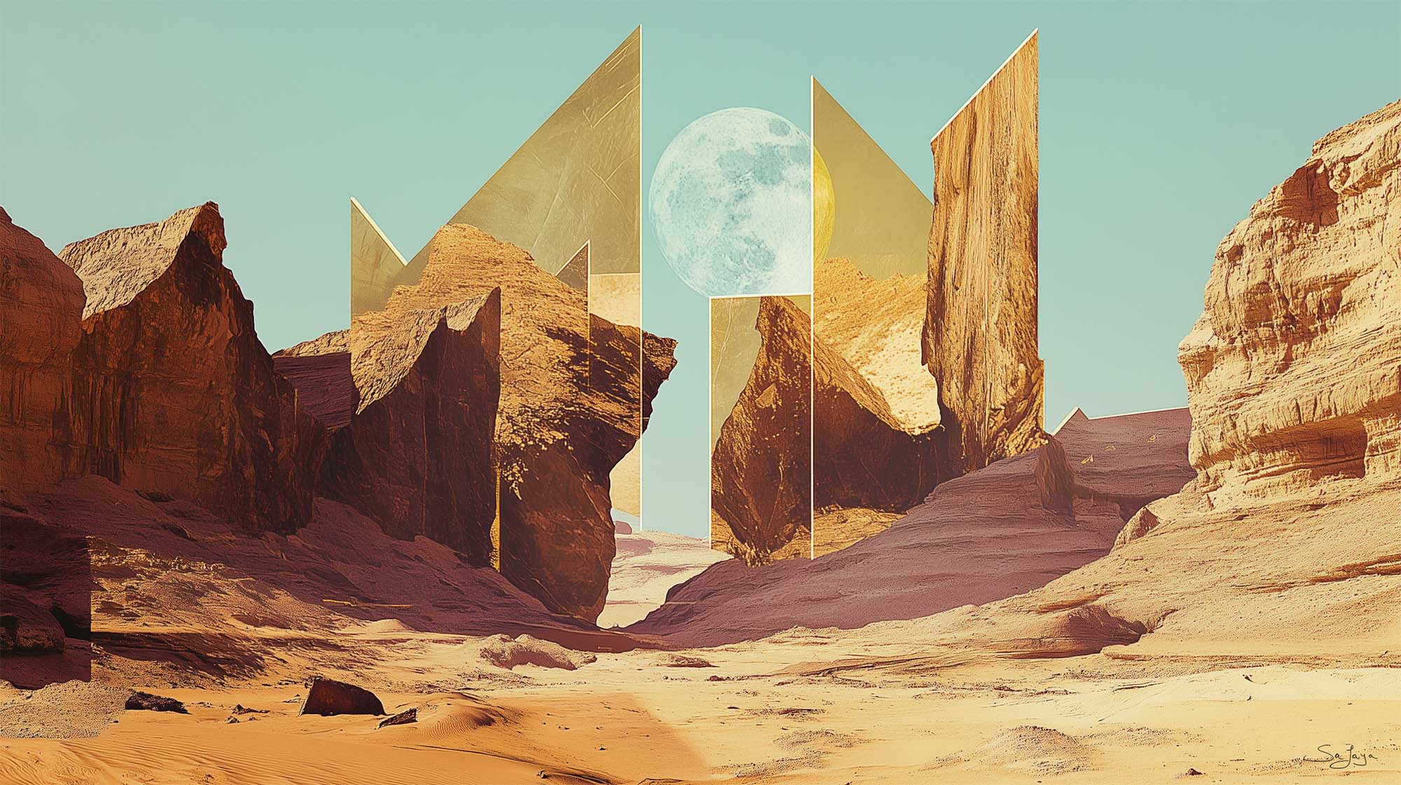 Cubist-inspired desert landscape from Saudi Arabia’s Edge of the World, featuring bold geometric shapes, created by Safaya