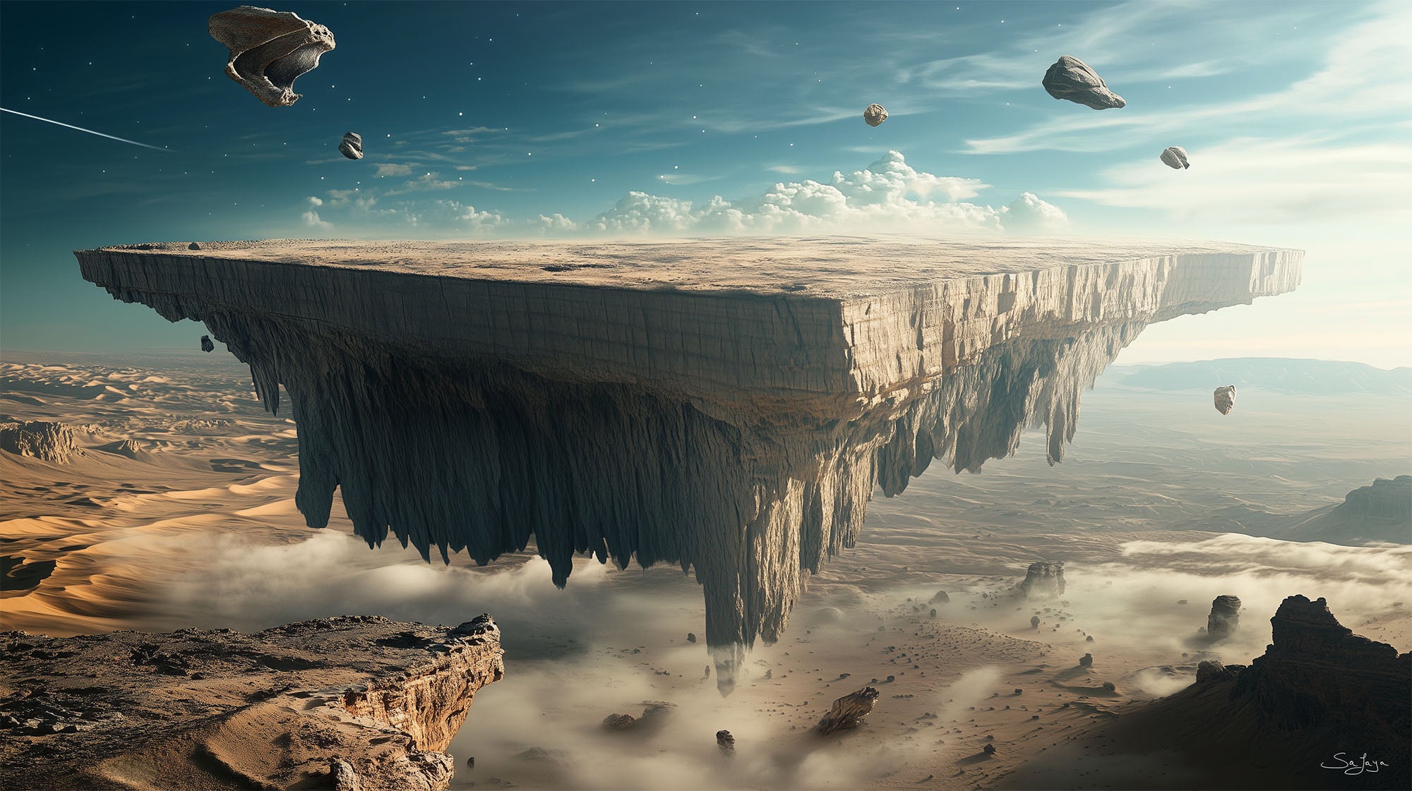 Surreal floating desert plateau depicting Saudi Arabia’s Edge of the World, evoking a fantastical atmosphere, created by Safaya