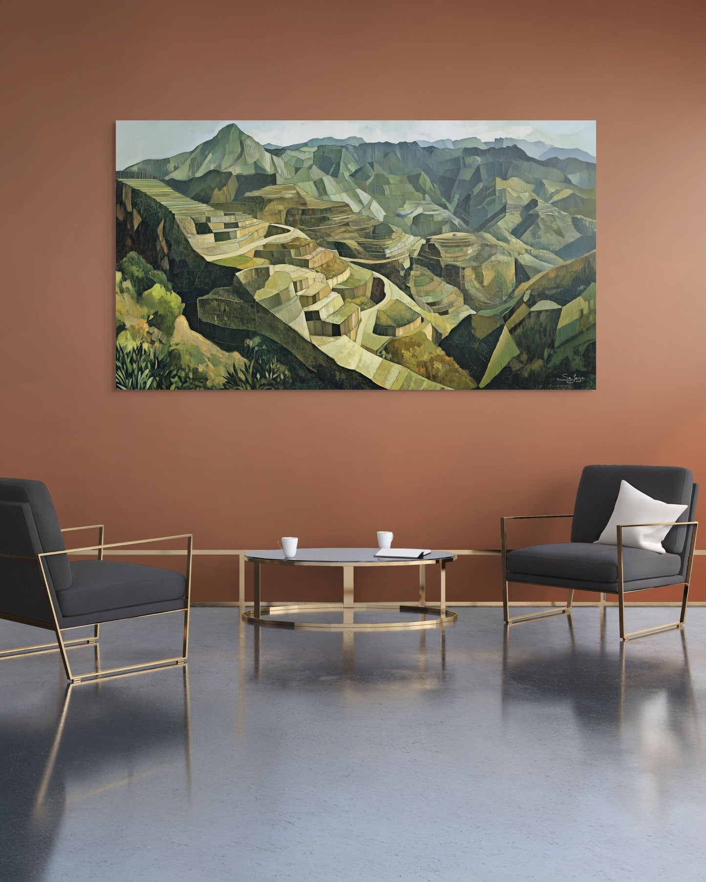 Bold Cubism-style artwork of Taif Mountains, Saudi Arabia – Flow Edition V2 by Safaya
