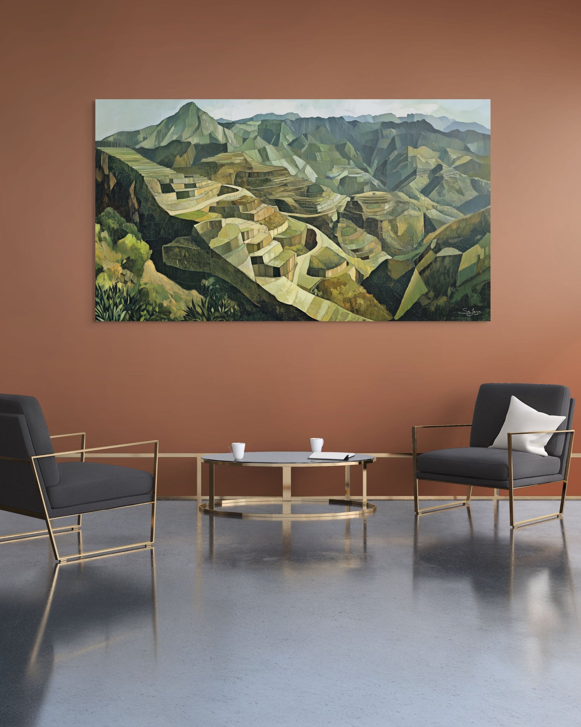 Bold Cubism-style artwork of Taif Mountains, Saudi Arabia – Flow Edition V2 by Safaya