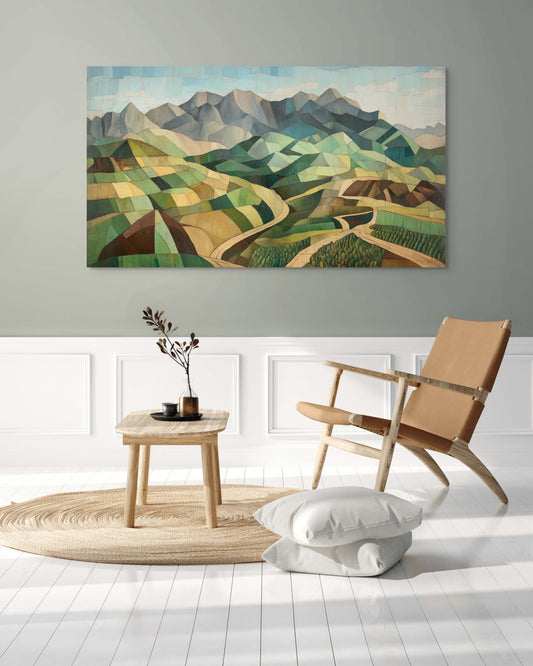 Bold Cubism-style artwork of Taif Mountains, Saudi Arabia – Flow Edition V3 by Safaya