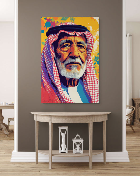 Vibrant Pop Art portrait of an elderly Saudi man from Saudi Arabia – Crown Edition V3 by Safaya