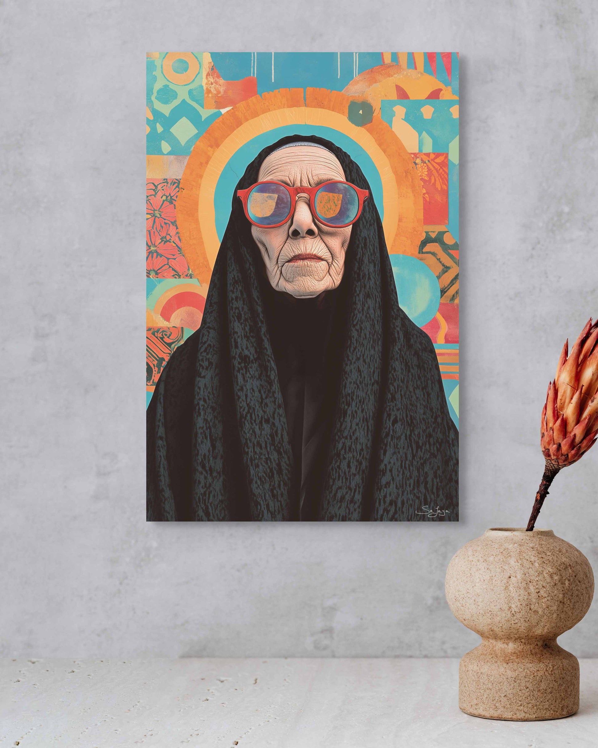 Vibrant Pop Art depiction of an elderly Saudi woman from Saudi Arabia – Flow Edition V4 by Safaya