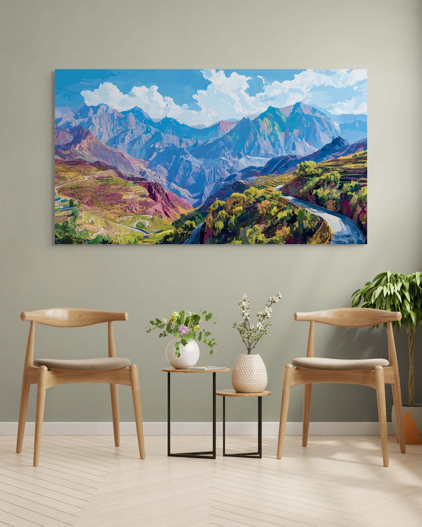 Vibrant Pop Art depiction of Taif Mountains, Saudi Arabia – Flow Edition V3 by Safaya