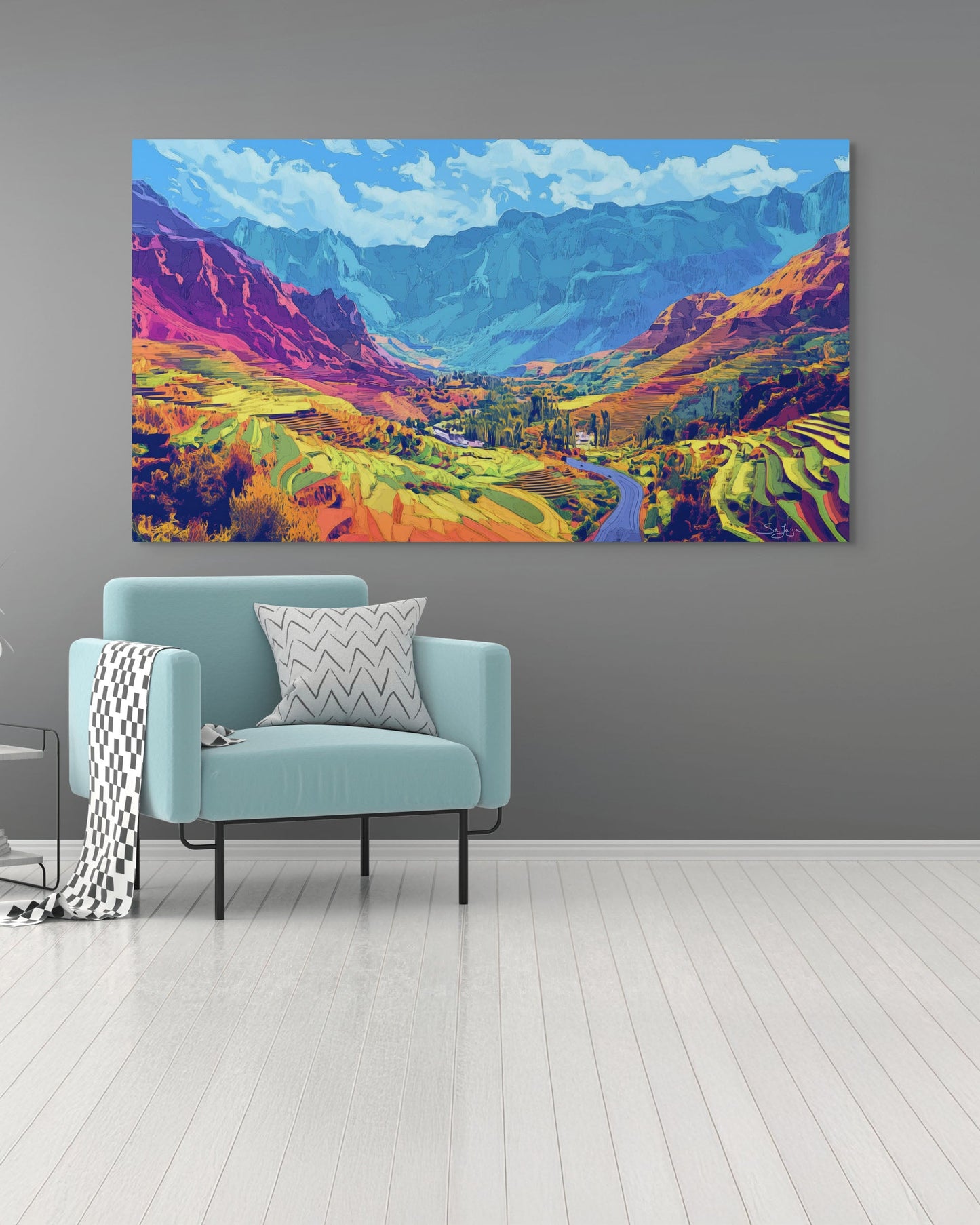 Vibrant Pop Art depiction of Taif Mountains, Saudi Arabia – Flow Edition V4 by Safaya